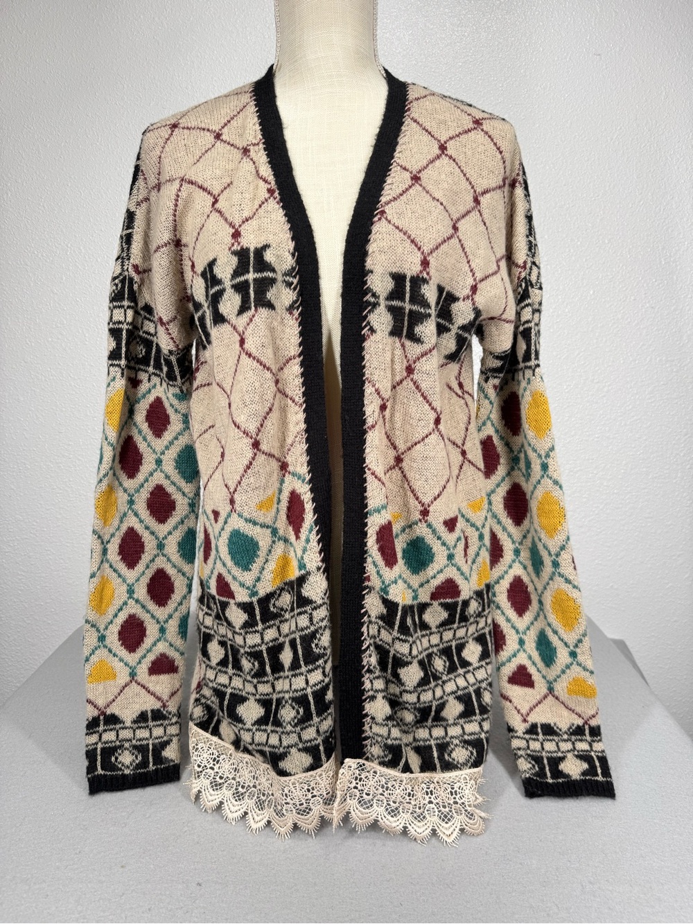 BUCKLE Gimmicks BKE Wool Blend Flyaway Cardigan Sweater Lace Trim MEDIUM Boho